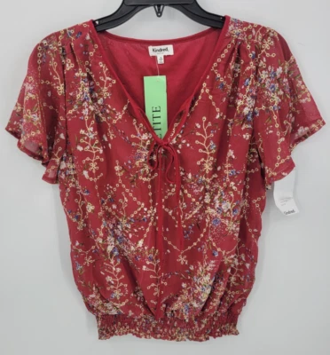Kindred Anthropologie Top Womens Petite PM Red Embroidered Floral Flutter Sleeve - Image 1 of 4