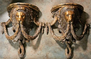 RARE LG Pair MAITLAND SMITH LION Head Wall Shelves Brackets Sconce Gilt Marble - Picture 1 of 19