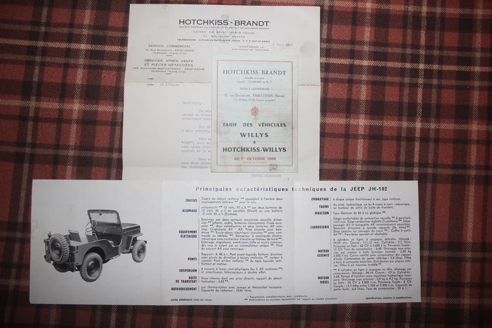 Hotchkiss Brandt Willys jeep années 1960 lot trois documents automobile - Photo 1/2
