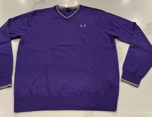 Under Armour Mens V-Neck Knit Sweater Purple L/S 100% Merino Wool - Sz L - EUC - Picture 1 of 6