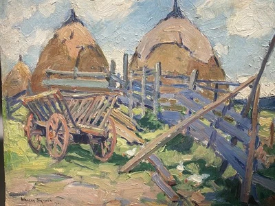 WALTER FARNDON - Vagones de cosecha, PEI Canadá - Firmado/sin marco - Impasto texturizado Foto 1 de 4