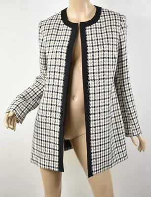 Chaqueta Longline KASPER Toffee Negra Blanca Pata de Gallo Con Marco Frente Abierto 8 $150 Foto 1 de 4