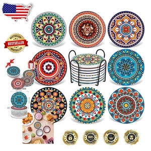 Posavasos Mandala Absorbentes para Bebidas - Paquete de 8 con Base de Corcho y Soporte - Imagen 1 de 10