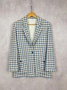 SANDRO Paris Women’s Checked Tweed Blazer Blue & Cream Houndstooth Size 42 - Picture 1 of 15