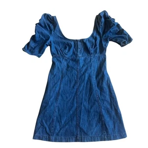 Free People Cheyenne Indigo Denim Mini Dress Puff Shoulder Pockets Size Small - Picture 1 of 14