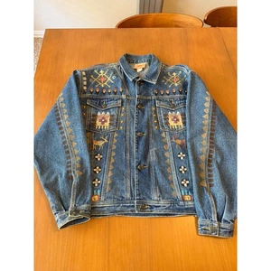 Giacca di jeans vintage Myo Pinon Clothing Co ricamata azteca sud-occidentale - Foto 1 di 13