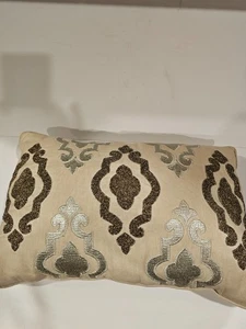 Pier 1 Beige Khaki Brown Seed Beads Silver Gold Embroidered 20 x 14 Lumbar ... - Picture 1 of 8