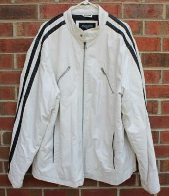 Chaqueta de cuero sintético Wilson rayas blancas motocicleta moto 2XLT **TAL CUAL** dañada Foto 1 de 4