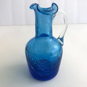 Vintage Azure Blue Crackle Art Pilgrim Glass Clear Handle Glass Mini Pitcher - Picture 1 of 8