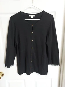 COLDWATER CREEK L BLACK COTTON/CASHMERE/WOOL BUTTON FRONT CARDIGAN. FRINGE - Picture 1 of 3