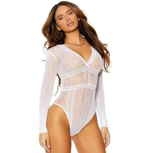 Crochet Lace Teddy Long Sleeves Deep V Neck Back Cheeky Striped White 12085 - Picture 1 of 4