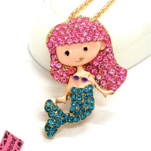 New Fashion Women Pink Blue Crystal Mermaid Rhinestone Pendant Chain Necklace - Picture 1 of 2