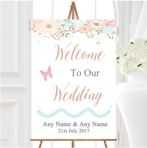 Coral Peach Blue Watercolour Floral Header Personalised Welcome Wedding Sign - Picture 1 of 1