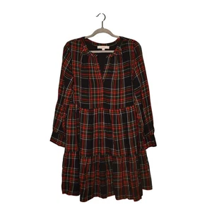LOFT $109 Red Green Black Plaid Long Sleeve Tiered Shift Dress Medium - Picture 1 of 4