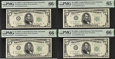 1950A $5 Federal Reserve Note PMG 66EPQ 4-consecutive gem uncirculated Fr 1962-D - Image 1 of 4