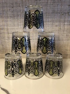 Vintage signierte ESPANA Anchor Hocking Brille grün schwarz Swanky Rocks Lowball Set 6 - Bild 1 von 3