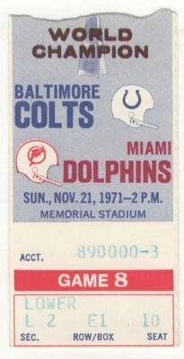 Talón de boleto Baltimore Colts vs Miami Dolphins 1971 21/11/71 Foto 1 de 2