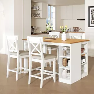 5Piece Dining Table Set Counter Height Dining Table Storage Table 4 Chairs White - Picture 1 of 19