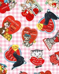 VINTAGE VALENTINES BY MICHAEL MILLER RETRO GREETING CARDS ON GINGHAM FABRIC HY - Picture 1 of 5