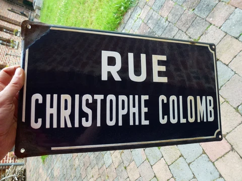 Old French enamel plaque plate street sign road Rue Christophe COLOMB Cover
