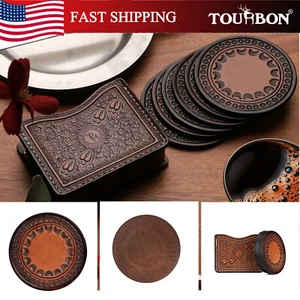 Posavasos redondos de té/café TOURBON vintage de cuero de 6 piezas con caja organizadora EE. UU. - Imagen 1 de 24