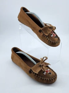 Minnetonka Women's Thunderbird Suede Leather Moccasins Beaded Fringe Tan 607T 9 - Picture 1 of 11