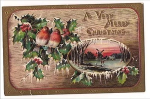 MERRY CHRISTMAS Holiday Vintage Postcard EMBOSSED Holly Windmill Birds Germany - Picture 1 of 2