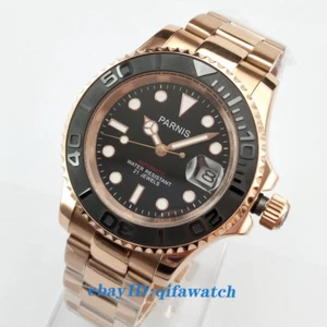 41mm Parnis steel Case Date Rose Gold Black Dial Automatic mens wrist Watch - Picture 1 of 6