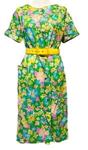 ABITO VINTAGE ANNI 60 MUUMUU FLOWER POWER CASA HAWAIANA HIPPIE MOD ROCKABILLY CON CINTURA - Foto 1 di 11
