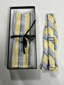 Mens Setazone Yellow And Blue Striped Bow Tie with Matching Pocket Square NEW - Picture 1 of 4