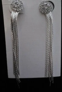 4" LONG Earrings CLIP ON CRYSTAL CIRCLE 9 Silver Drip Chains Jewelry NON PIERCED - Picture 1 of 12