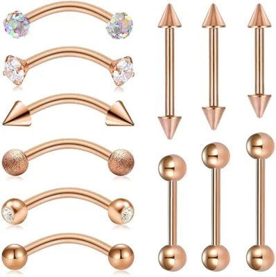 6-12pcs Curved Barbell Eyebrow Rings Stainless Steel CZ Earrings Tongue Rings - Image 1 of 4
