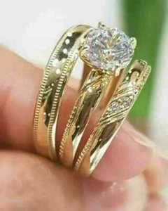 1.95Ct Round Lab Created His-Her Trio Engagement Ring Set 14K Yellow Gold Plated - Picture 1 of 4