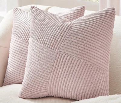 Par de fundas de almohada a rayas retazos pana chenilla rosa rubor 16x16 #F7 Foto 1 de 2