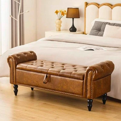 Tufted Faux Leather Storage Bench w/ Rolled Arms End-of-Bed Ottoman NailheadTrim - Image 1 of 4