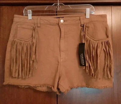 Versona Brown Suede Fringe Denim Cutoff Shorts Sz 18 Western Boho Festival - Image 1 of 4