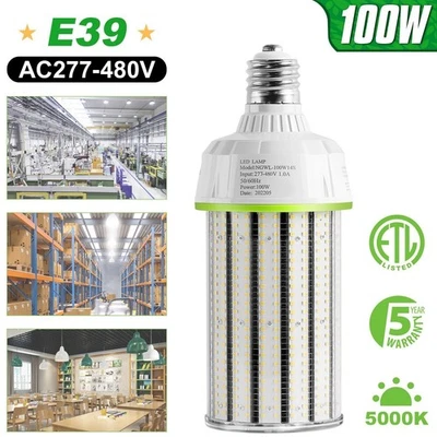 Commercial LED Corn Bulb Light 100W Warehouse High Bay Lighting E39 AC277-480V - Image 1 of 4