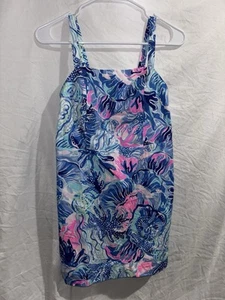 Lilly Pulitzer Girls Dress Size 16 Smocked Sundress Blue Pink Tropical Print EUC - Picture 1 of 5
