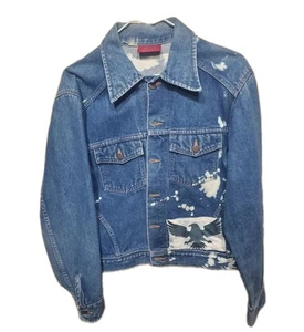 Vintage 1980s Dickies Denim button Jean Jacket bleached Eagle Print Adult Small  - Picture 1 of 11