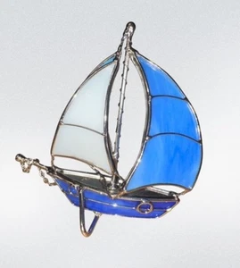 Stained Glass 3D Sailboat Sculpture Sun Catcher Self Standing Nautical - Picture 1 of 6