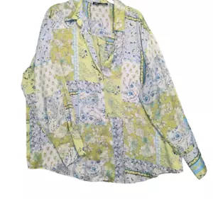 Zara Blouse Women Plus XXL Blue Green Satin Patchwork Floral Button Down Paisley - Picture 1 of 10