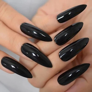 Black Press On Nails Extra Long Sharp Stiletto Gothic Artificial Fake Nails Set - Picture 1 of 5