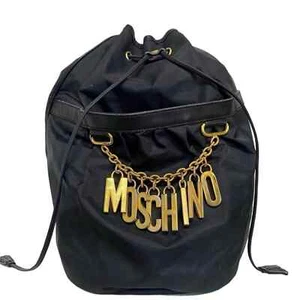 Vintage Moschino Redwall Black Gold Logo Charm Chain Drawstring Bucket Bag - Picture 1 of 8
