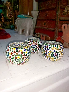 SET OF THREE HANDMADE INDIAN MOSAIC TEA LIGHT HOLDERS - OFFER! - Picture 1 of 10