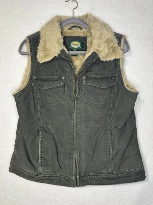 Cabelas Women’s Vest Corduroy Cotton Faux Fur Fleece Lined Safari Green Sz Large - Image 1 of 4