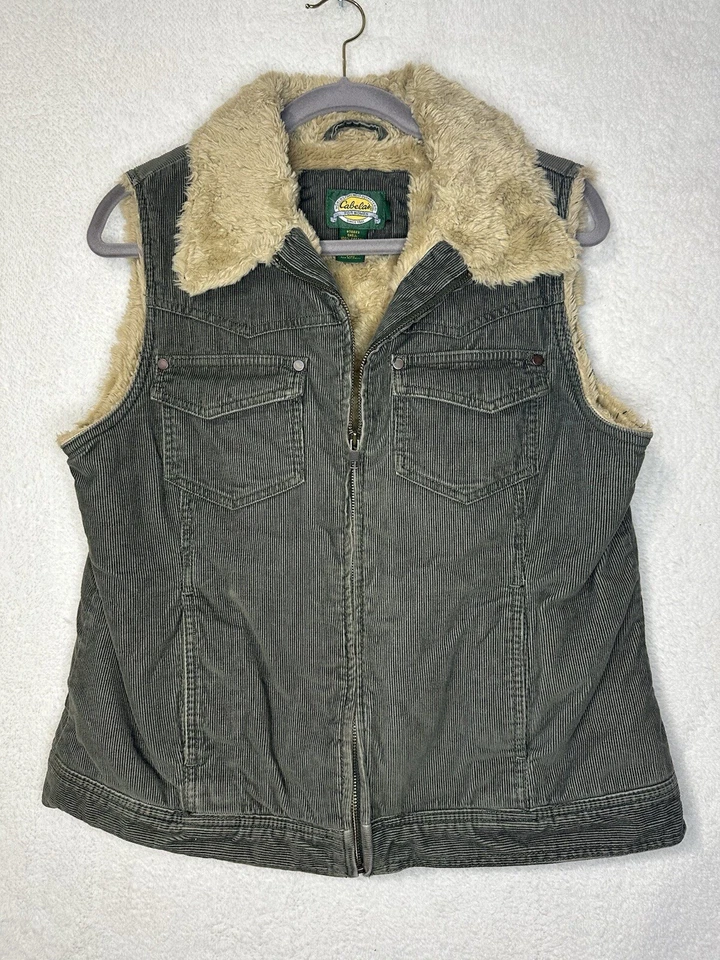 Cabelas Women’s Vest Corduroy Cotton Faux Fur Fleece Lined Safari Green Sz Large - Image 1 of 4