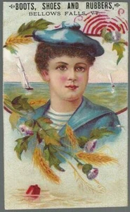 Boots, Shoes and Rubbers Bellows Vermont Sailor Boy Victorian Trade Card - Picture 1 of 1