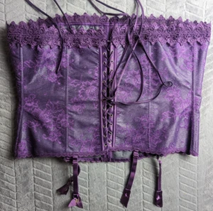 VTG Frederick's Of Hollywood Corset Top Purple Black Women's Size 42 Lace Floral - Picture 1 of 5