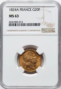 FRANCIA, ORO 20 FRANCOS 1824 A - NGC MS 63, RARO7 - Imagen 1 de 2