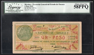 1915 Mexico, Estado de Oaxaca, 1 Peso, Pick-S953a, Legacy 58 aUNC - Picture 1 of 4